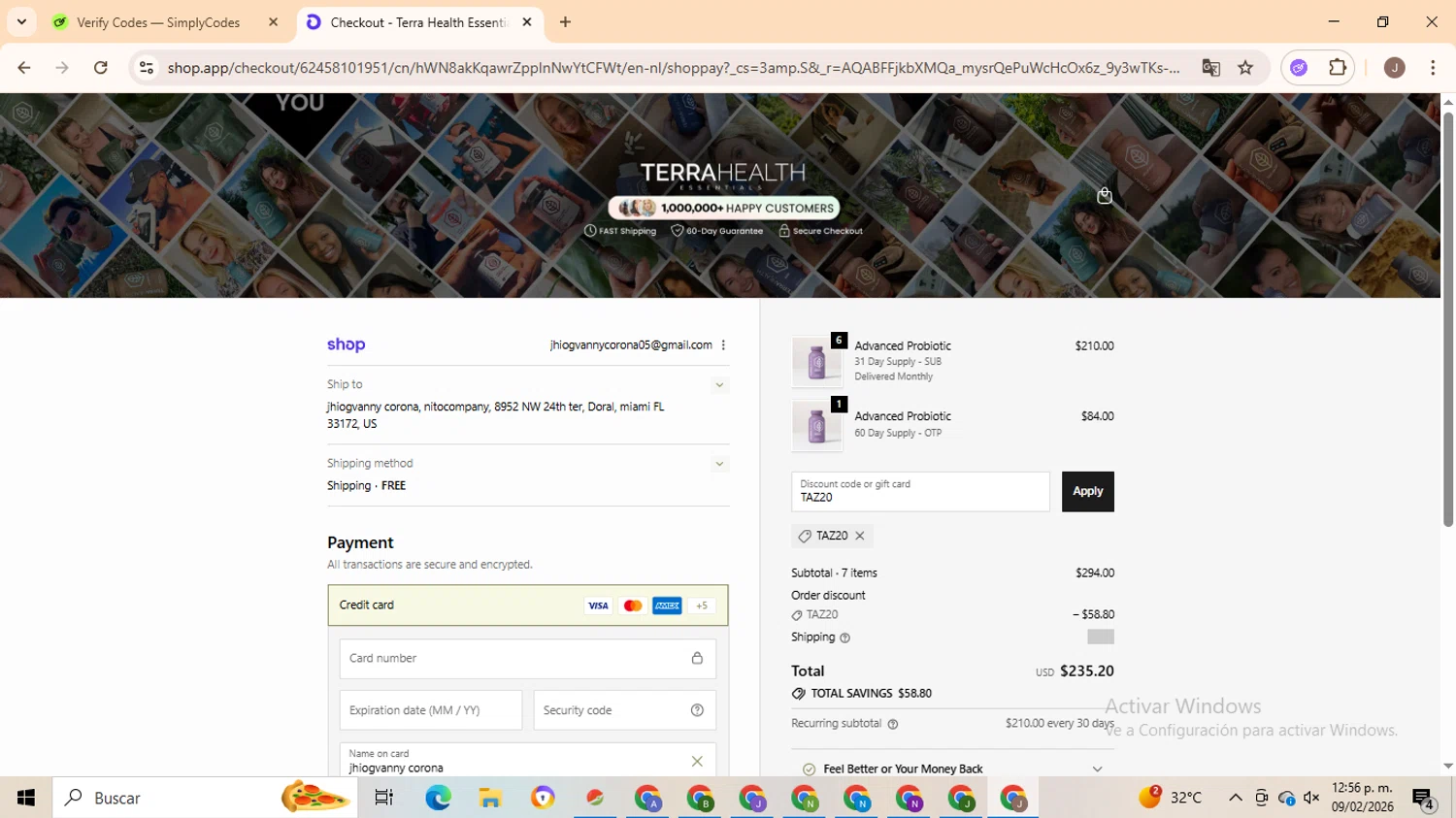 Terra Health Essentials discount code screenshot showing code TAZ20 applied at Terra Health Essentials checkout page. Uploaded by SimplyCodes community member ValiantHero2365 on Feb 9, 2026