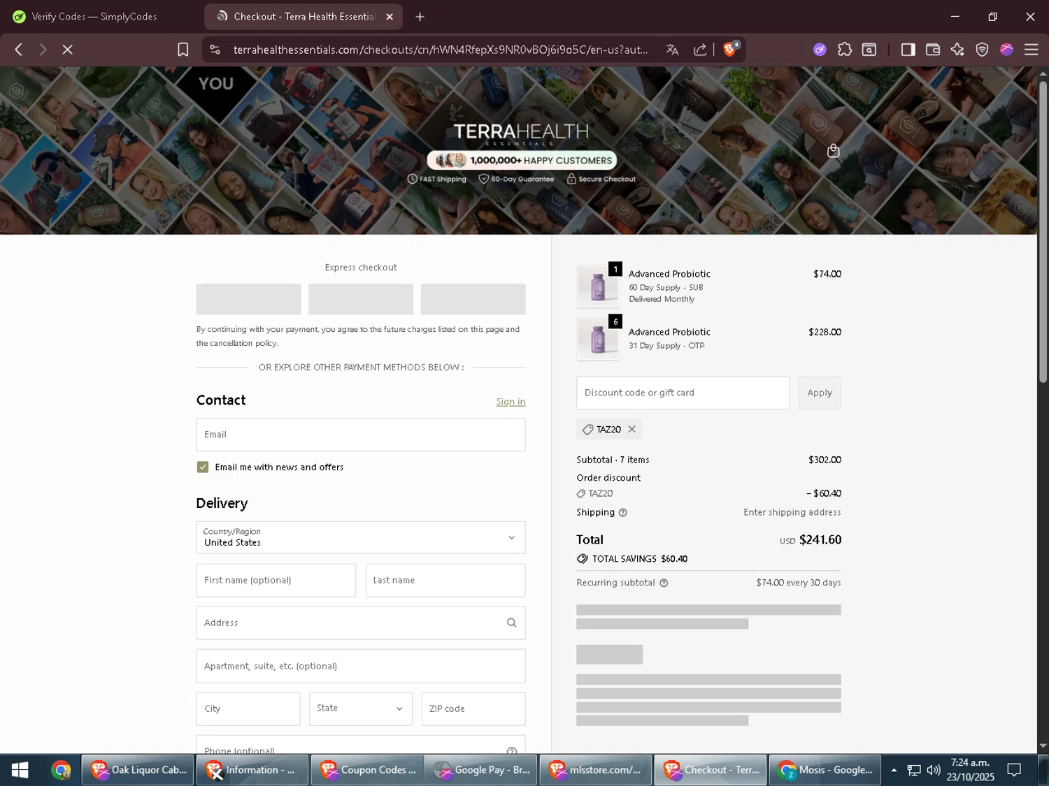 Terra Health Essentials discount code screenshot showing code TAZ20 applied at Terra Health Essentials checkout page. Uploaded by SimplyCodes community member zadquiel on Oct 23, 2025
