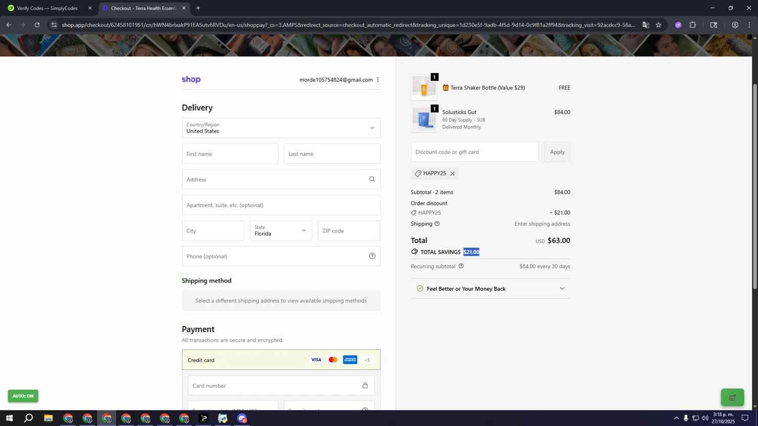Terra Health Essentials discount code screenshot showing code HAPPY25 applied at Terra Health Essentials checkout page. Uploaded by SimplyCodes community member lllllllllllllll on Oct 27, 2025