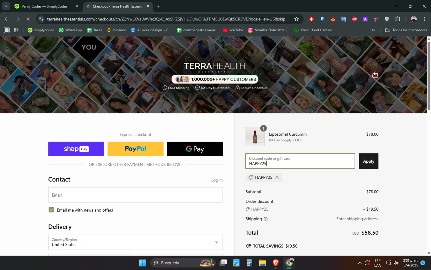 Terra Health Essentials discount code screenshot showing code HAPPY25 applied at Terra Health Essentials checkout page. Uploaded by SimplyCodes community member ScanPhoenix352 on Apr 3, 2025