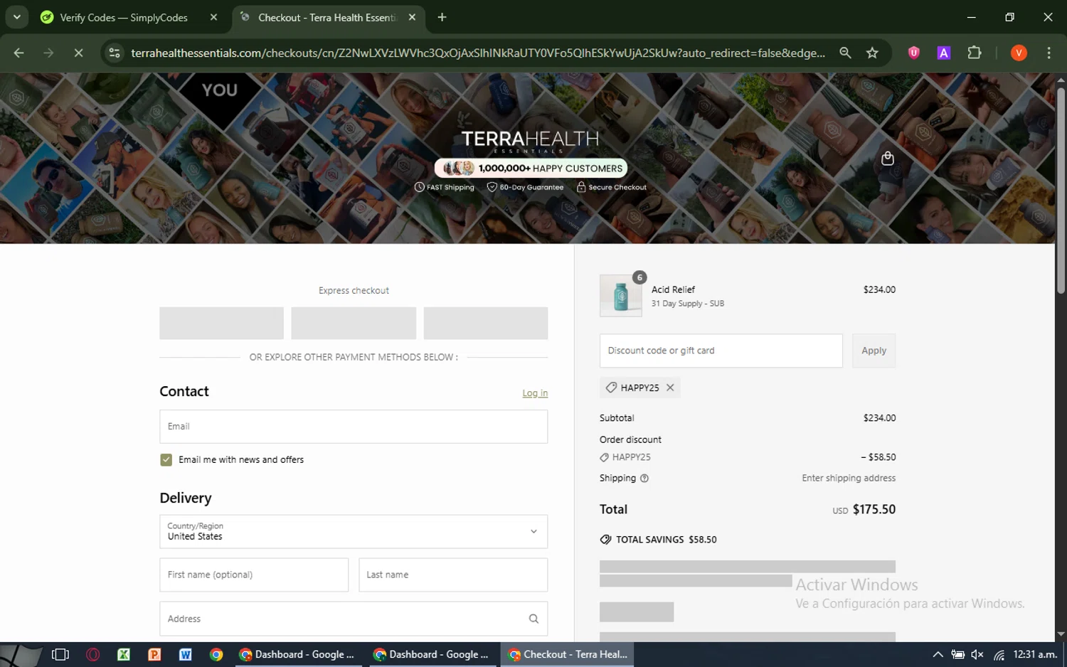 Terra Health Essentials discount code screenshot showing code HAPPY25 applied at Terra Health Essentials checkout page. Uploaded by SimplyCodes community member SavingsCaptain8190 on Jun 12, 2025