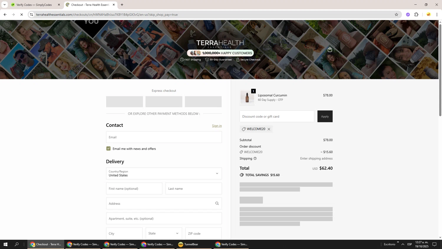 Terra Health Essentials discount code screenshot showing code WELCOME20 applied at Terra Health Essentials checkout page. Uploaded by SimplyCodes community member Richard251 on Oct 19, 2025