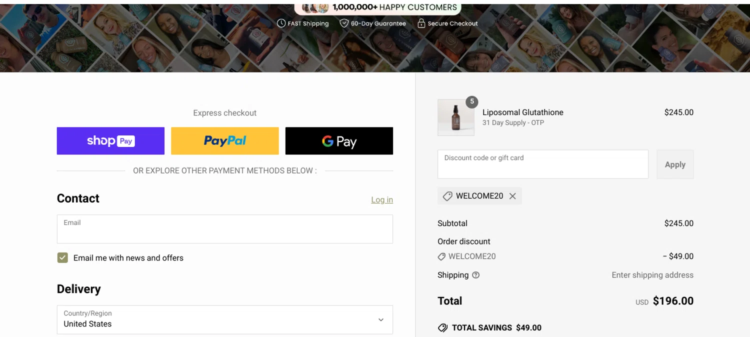 Terra Health Essentials discount code screenshot showing code WELCOME20 applied at Terra Health Essentials checkout page. Uploaded by SimplyCodes community member Elosox1 on Apr 3, 2025