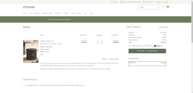 Terrain checkout page showing Terrain promo code box | Screenshot taken by SimplyCodes community member on Jul 3, 2025