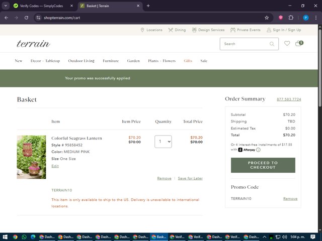 Terrain checkout page showing Terrain promo code box | Screenshot taken by SimplyCodes community member on Jun 12, 2025