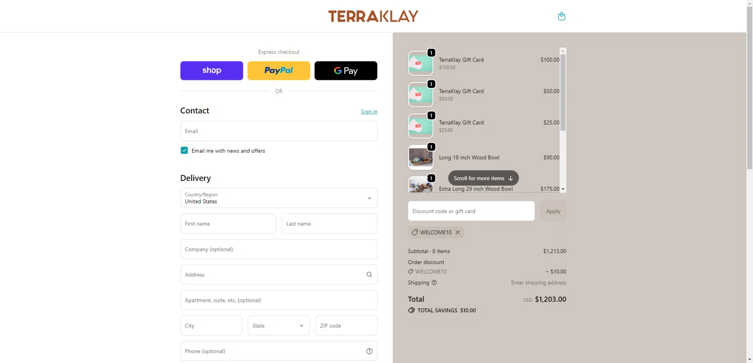 TerraKlay promo code screenshot showing code WELCOME10 applied at TerraKlay checkout page. Uploaded by SimplyCodes community member ThriftyPhoenix5129 on Dec 9, 2025