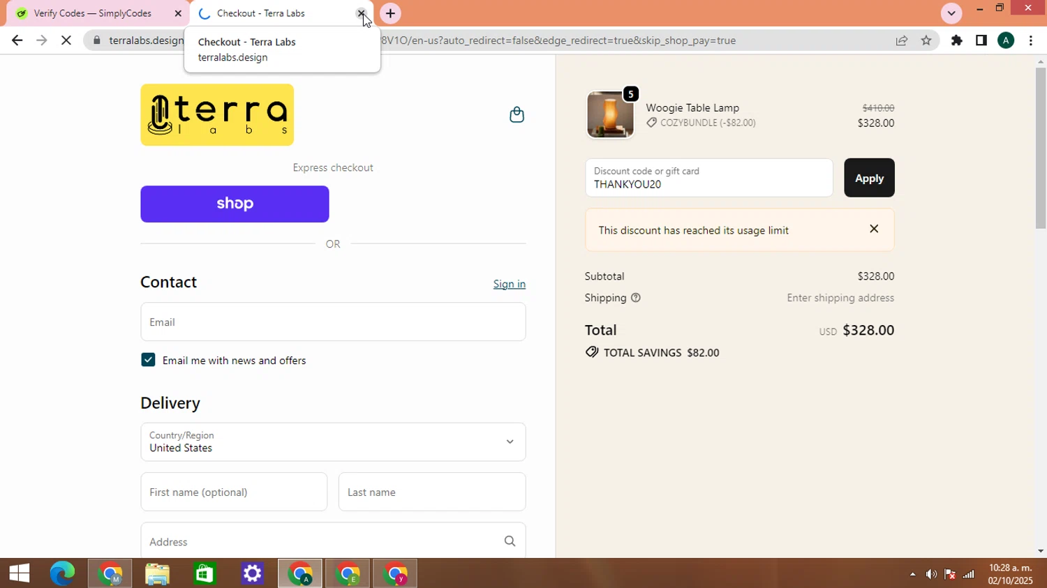 Terra Labs promo code screenshot showing code THANKYOU20 applied at Terra Labs checkout page. Uploaded by SimplyCodes community member HAOJIN on Oct 2, 2025