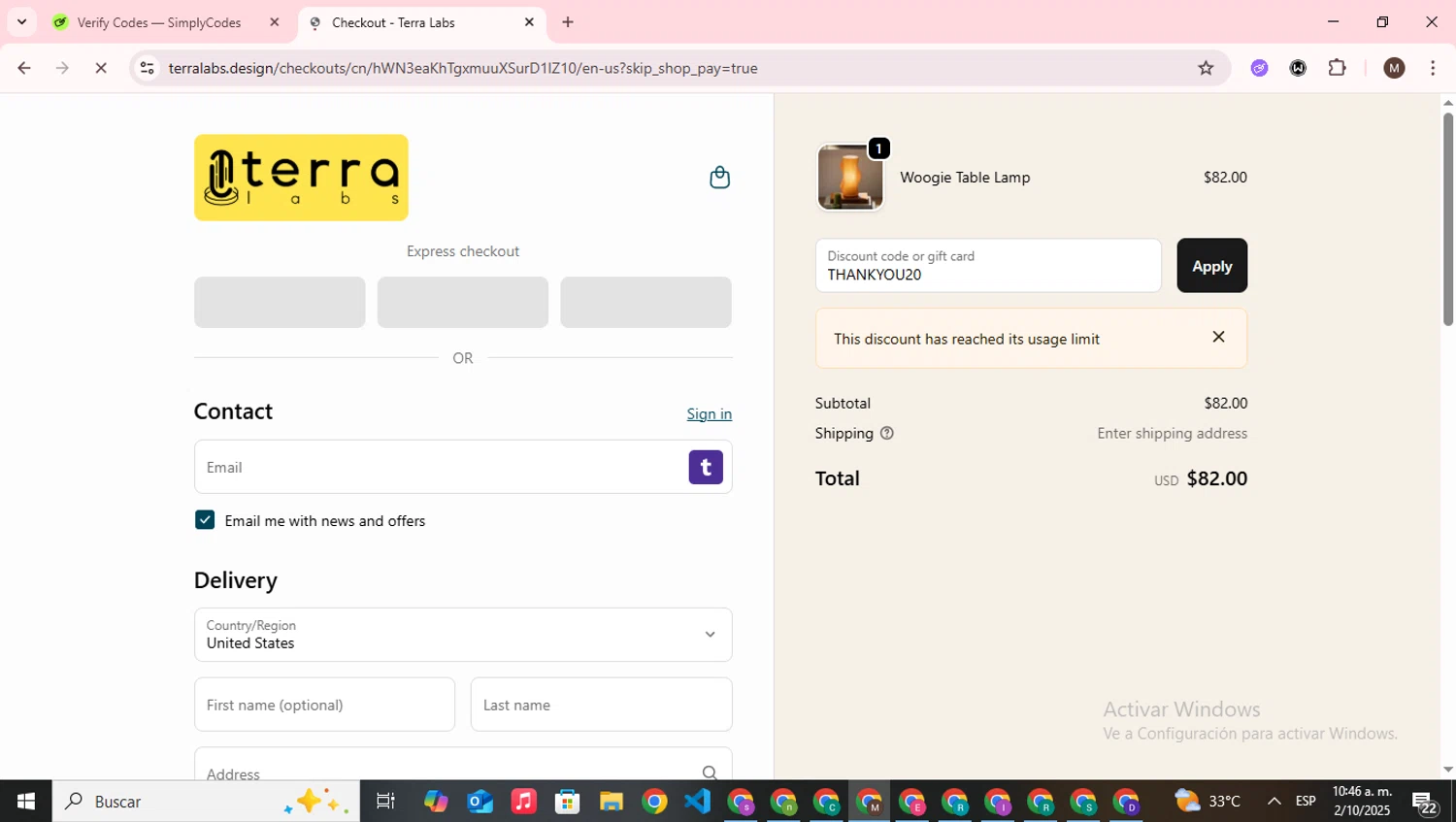 Terra Labs promo code screenshot showing code THANKYOU20 applied at Terra Labs checkout page. Uploaded by SimplyCodes community member WonderWizard9060 on Oct 2, 2025