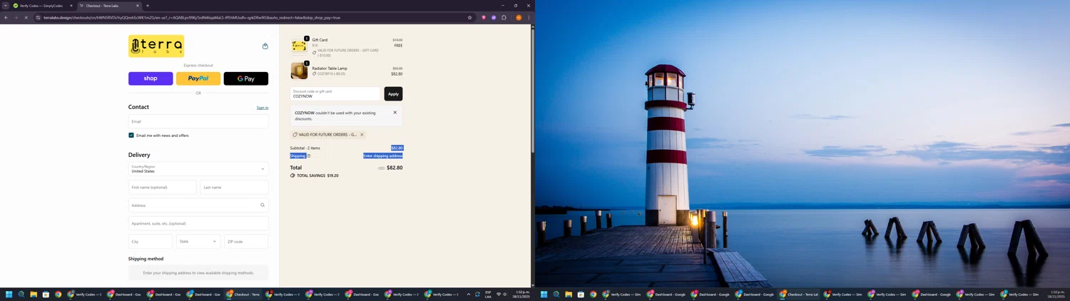 Terra Labs promo code screenshot showing code COZYNOW applied at Terra Labs checkout page. Uploaded by SimplyCodes community member Davoxeneixe on Nov 18, 2025
