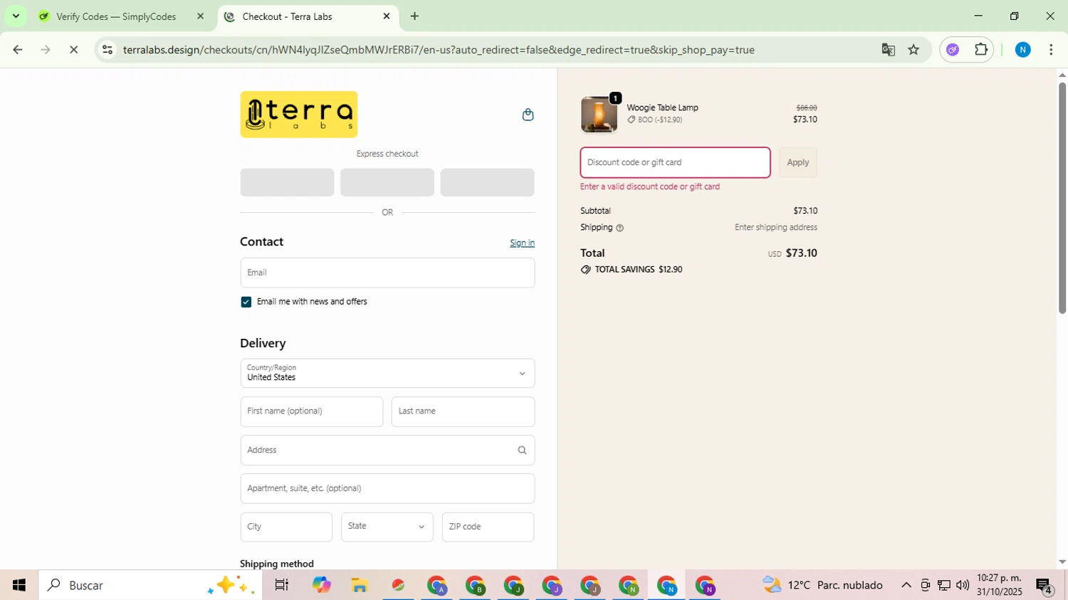 Terra Labs promo code screenshot showing code 4VGRXBSB applied at Terra Labs checkout page. Uploaded by SimplyCodes community member CoinHawk678 on Nov 1, 2025