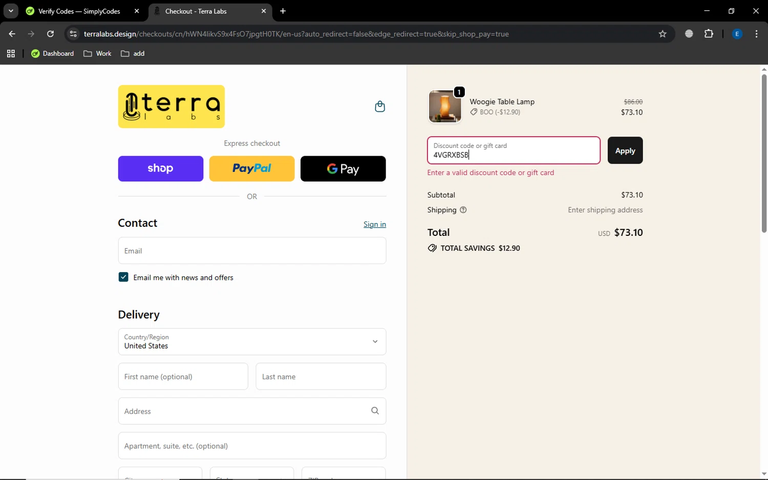 Terra Labs promo code screenshot showing code 4VGRXBSB applied at Terra Labs checkout page. Uploaded by SimplyCodes community member GoldSaver5472 on Oct 31, 2025
