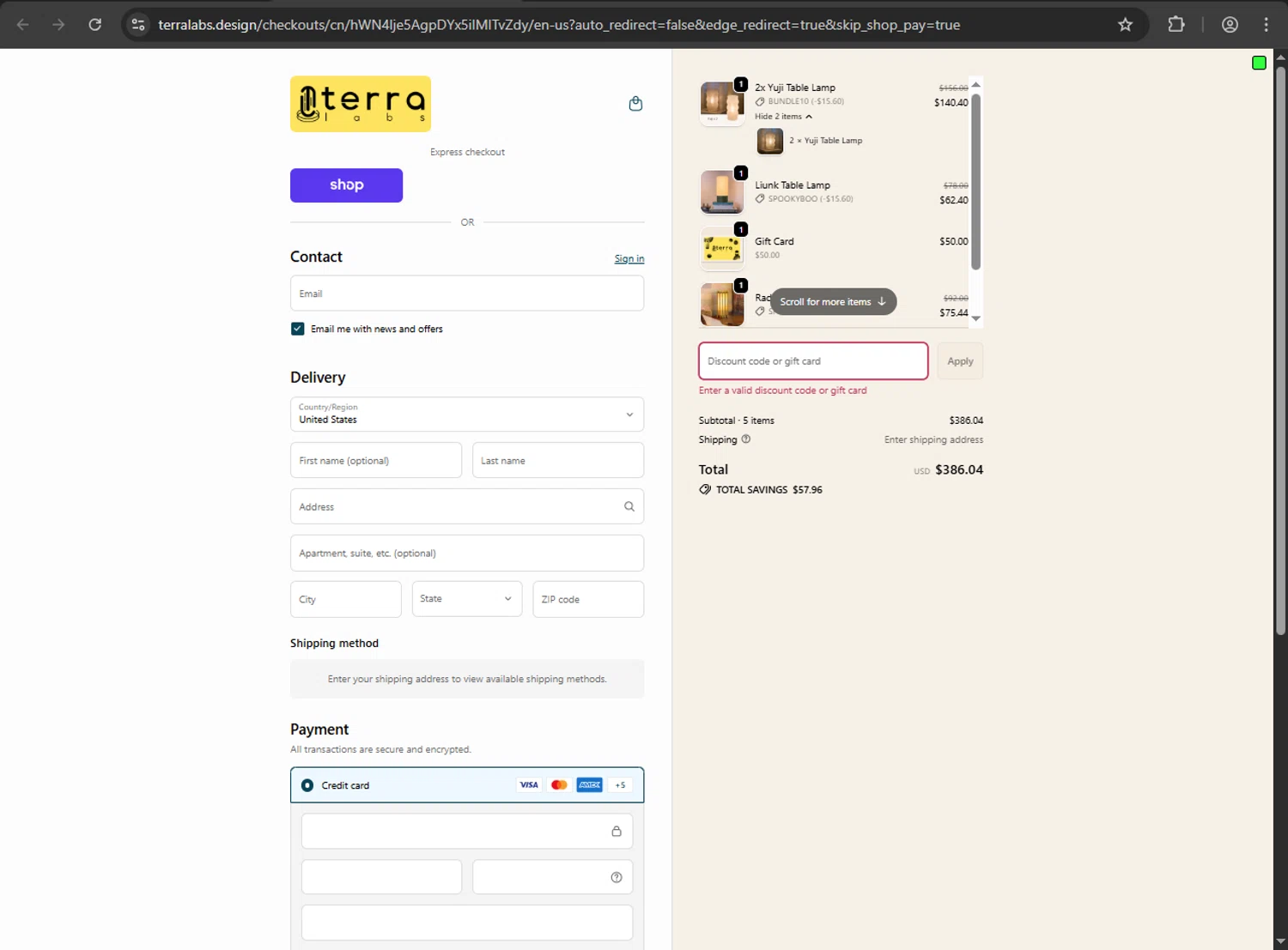 Terra Labs promo code screenshot showing code 4VGRXBSB applied at Terra Labs checkout page. Uploaded by SimplyCodes community member nikelson on Oct 31, 2025