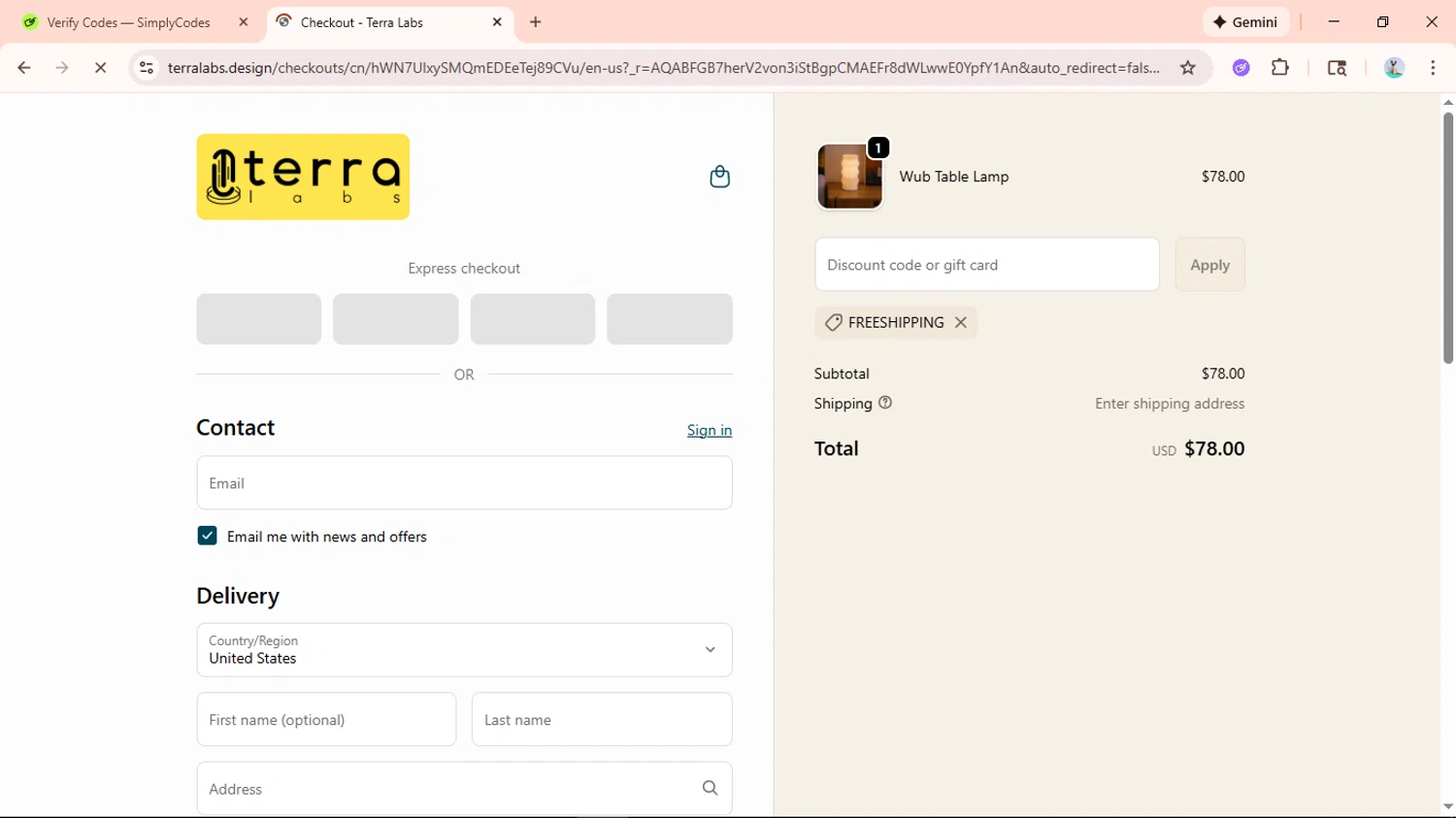 Terra Labs checkout page showing Terra Labs promo code box | Screenshot taken by SimplyCodes community member on Jan 11, 2026