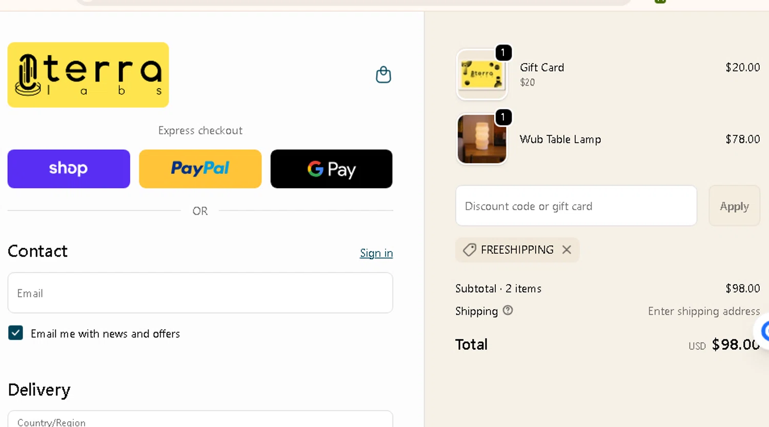 Terra Labs promo code screenshot showing code FREESHIPPING applied at Terra Labs checkout page. Uploaded by SimplyCodes community member AMANDA2681 on Nov 13, 2025