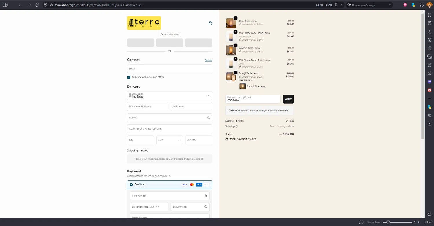 Terra Labs promo code screenshot showing code COZYNOW applied at Terra Labs checkout page. Uploaded by SimplyCodes community member MRDEAL on Sep 22, 2025