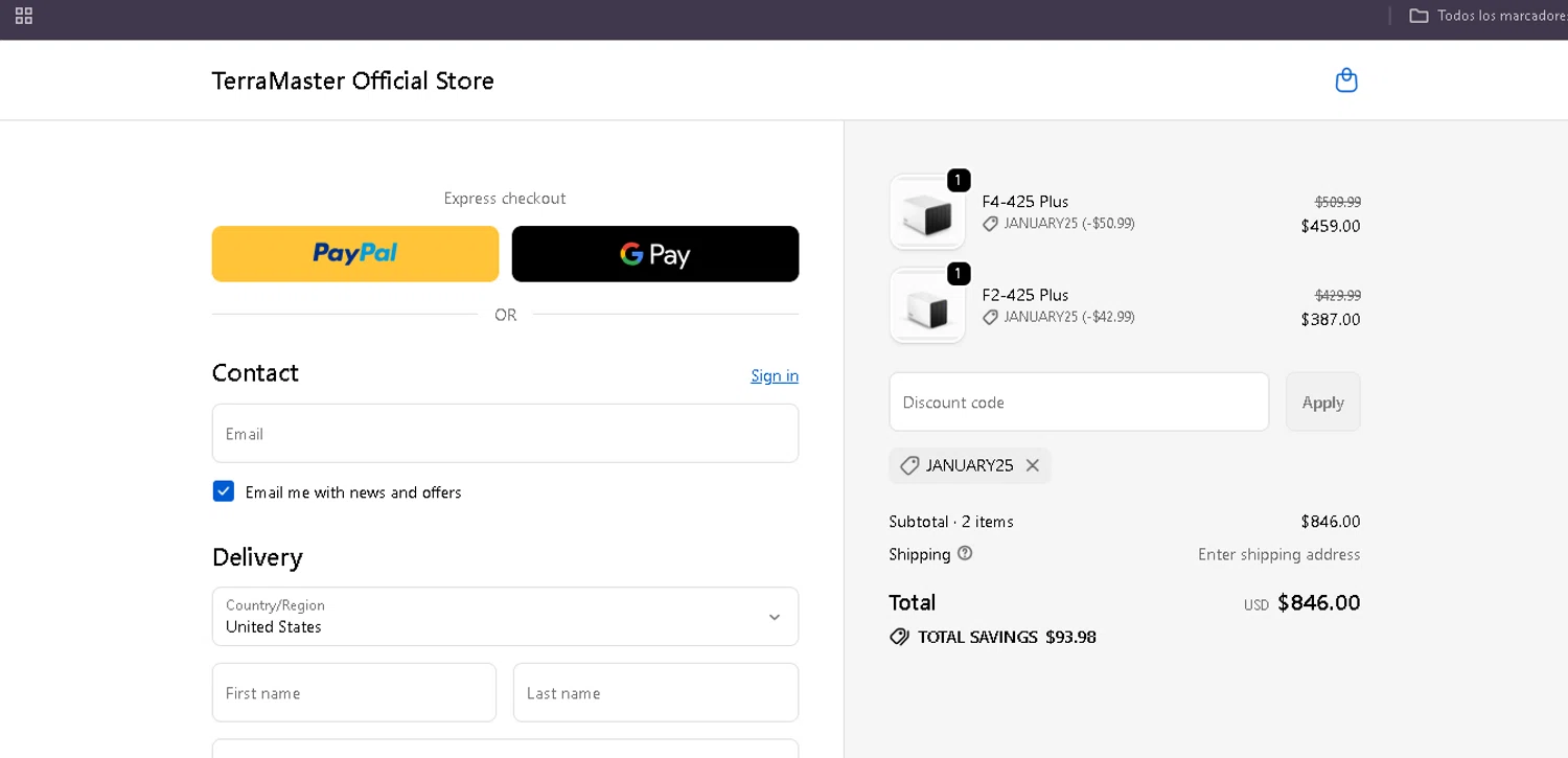TerraMaster Shop promo code screenshot showing code JANUARY25 applied at TerraMaster Shop checkout page. Uploaded by SimplyCodes community member Egni_149037891 on Dec 21, 2025