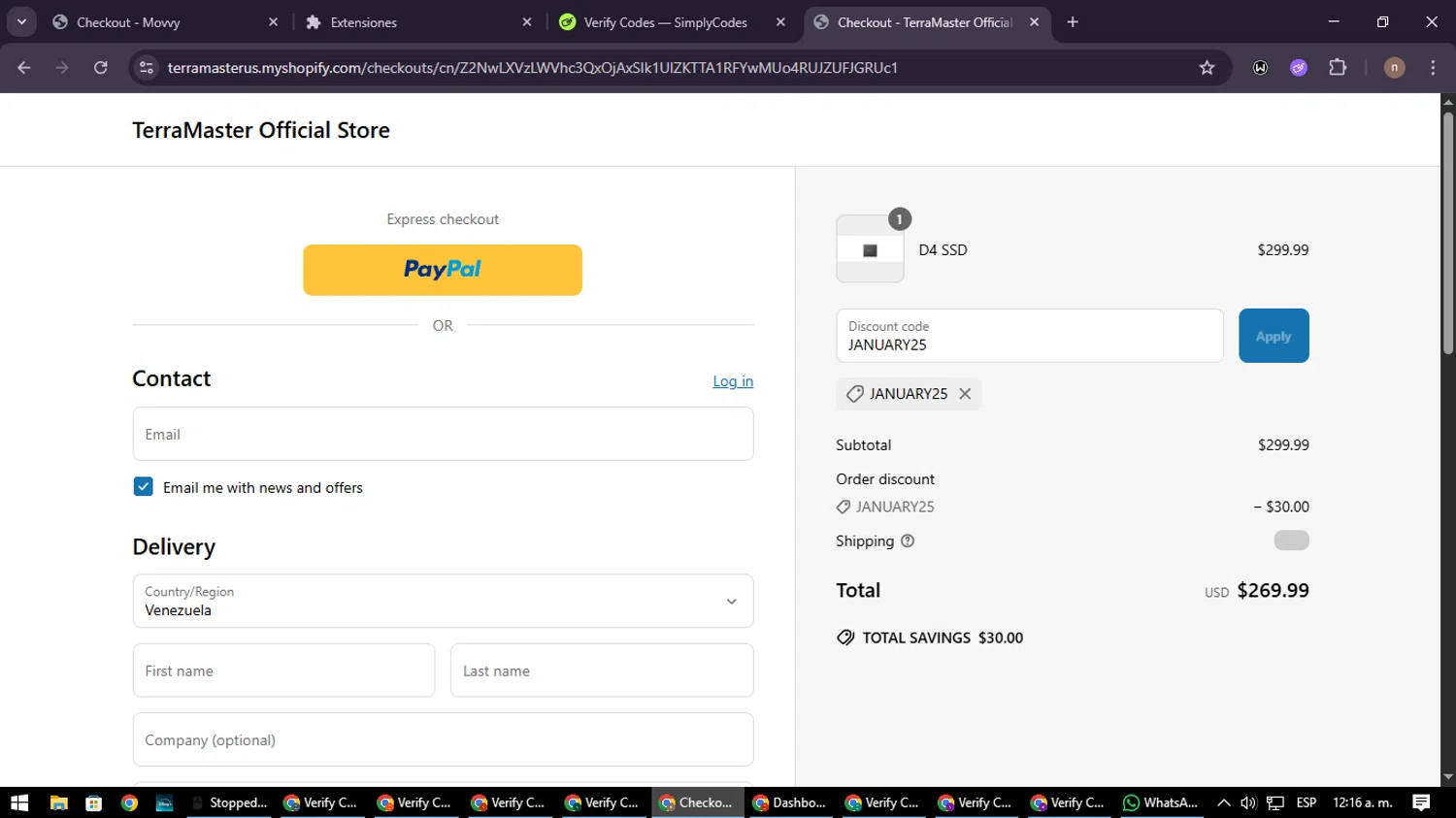 TerraMaster Shop promo code screenshot showing code JANUARY25 applied at TerraMaster Shop checkout page. Uploaded by SimplyCodes community member SmartWarden8713 on Jun 20, 2025