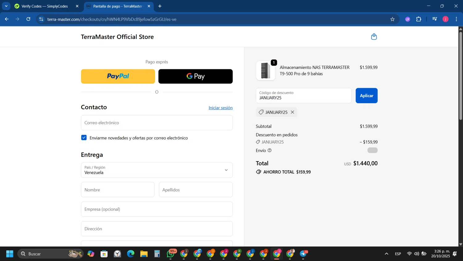 TerraMaster Shop promo code screenshot showing code JANUARY25 applied at TerraMaster Shop checkout page. Uploaded by SimplyCodes community member Tryhard on Oct 20, 2025