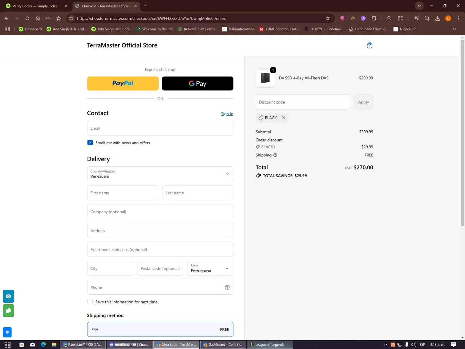 TerraMaster Shop promo code screenshot showing code BLACK1 applied at TerraMaster Shop checkout page. Uploaded by SimplyCodes community member Alalee on Oct 12, 2025