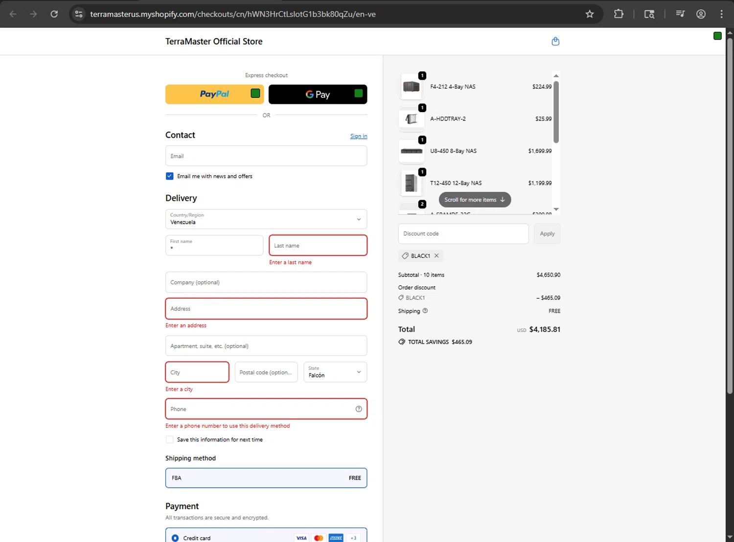 TerraMaster Shop promo code screenshot showing code BLACK1 applied at TerraMaster Shop checkout page. Uploaded by SimplyCodes community member JakePerrox on Sep 22, 2025