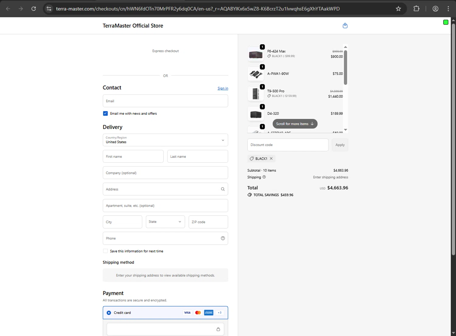 TerraMaster Shop promo code screenshot showing code BLACK1 applied at TerraMaster Shop checkout page. Uploaded by SimplyCodes community member jickselyspolanco on Dec 21, 2025