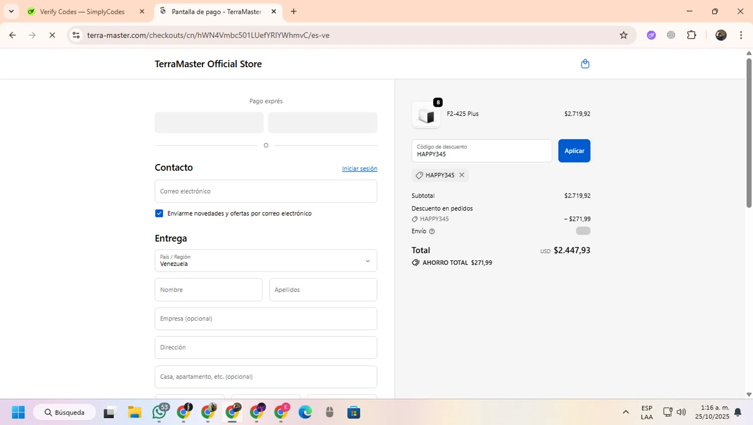 TerraMaster Shop promo code screenshot showing code HAPPY345 applied at TerraMaster Shop checkout page. Uploaded by SimplyCodes community member CoinScout855 on Oct 25, 2025