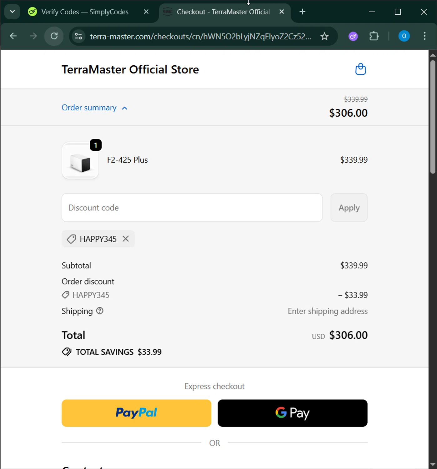 TerraMaster Shop promo code screenshot showing code HAPPY345 applied at TerraMaster Shop checkout page. Uploaded by SimplyCodes community member GoldChaser6627 on Nov 17, 2025