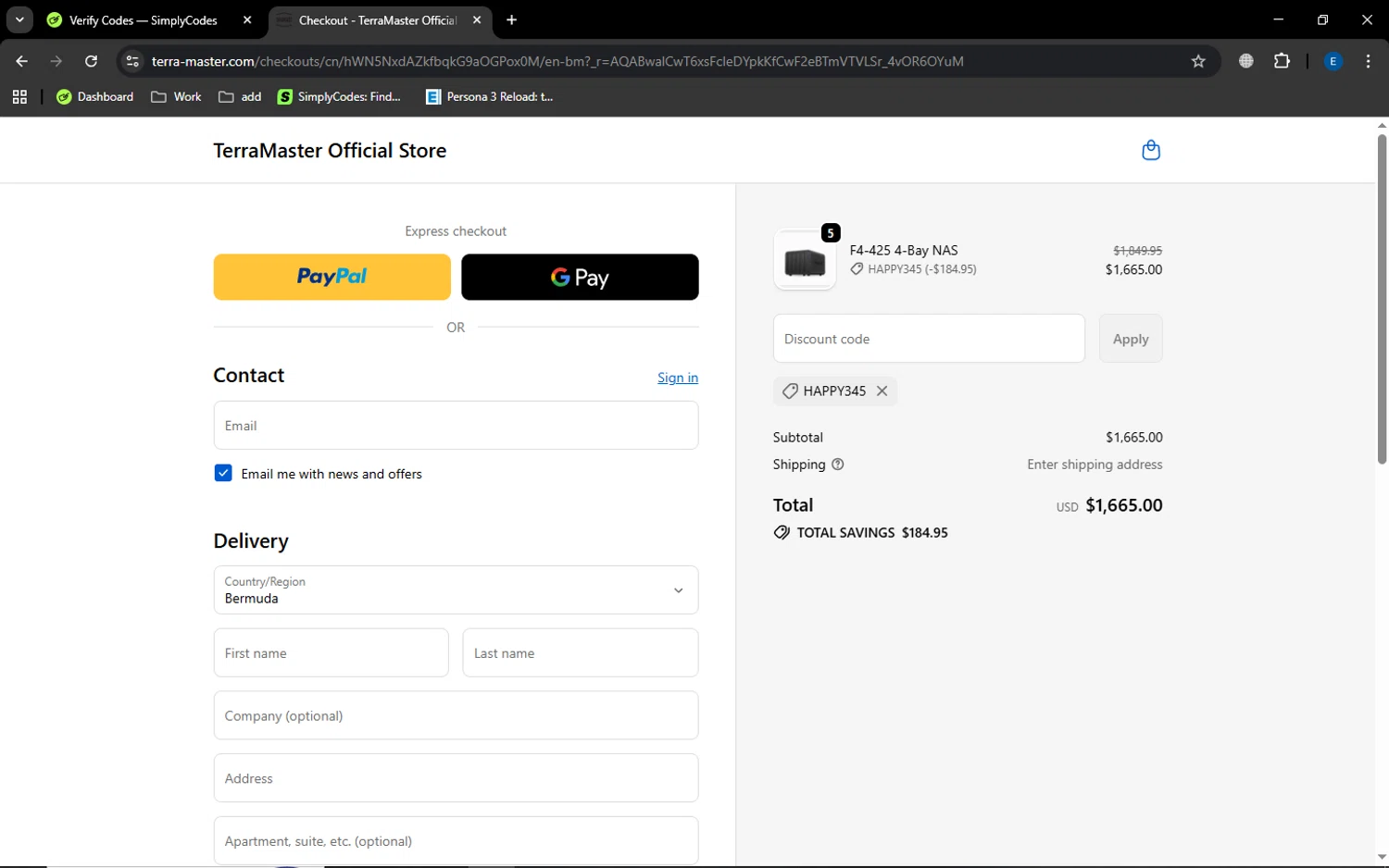 TerraMaster Shop promo code screenshot showing code HAPPY345 applied at TerraMaster Shop checkout page. Uploaded by SimplyCodes community member MoneyGenius452 on Dec 8, 2025