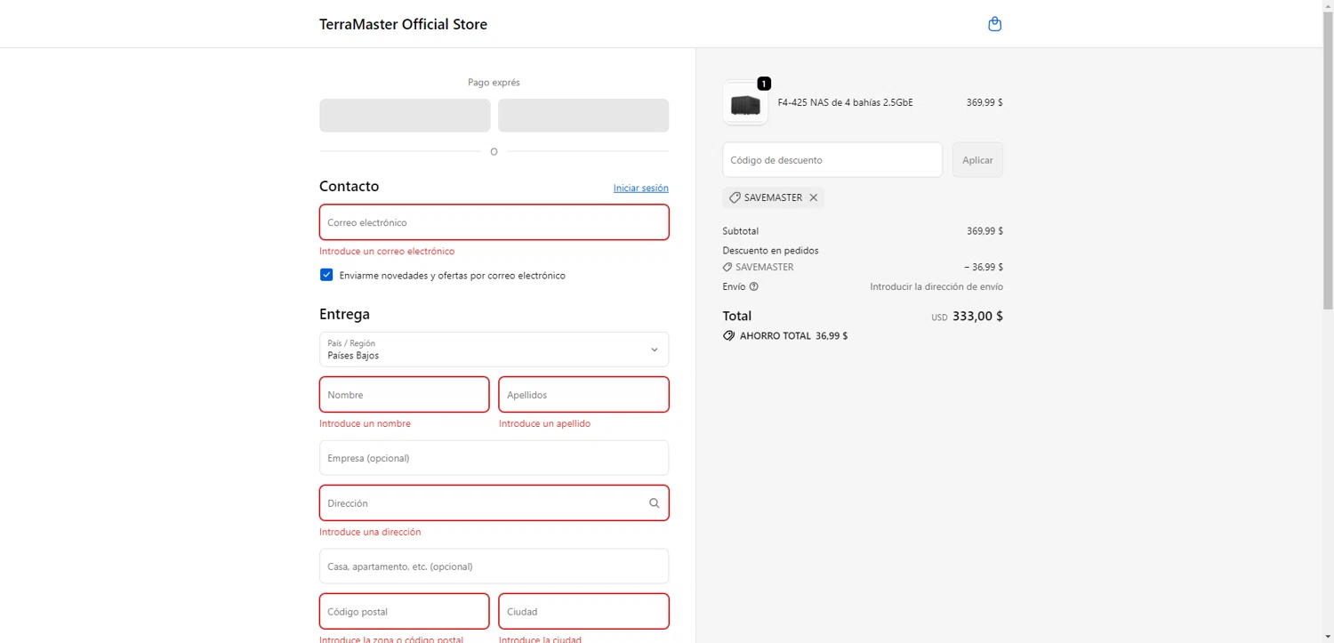 TerraMaster Shop promo code screenshot showing code SAVEmaster applied at TerraMaster Shop checkout page. Uploaded by SimplyCodes community member DiscountWarden480 on Oct 25, 2025