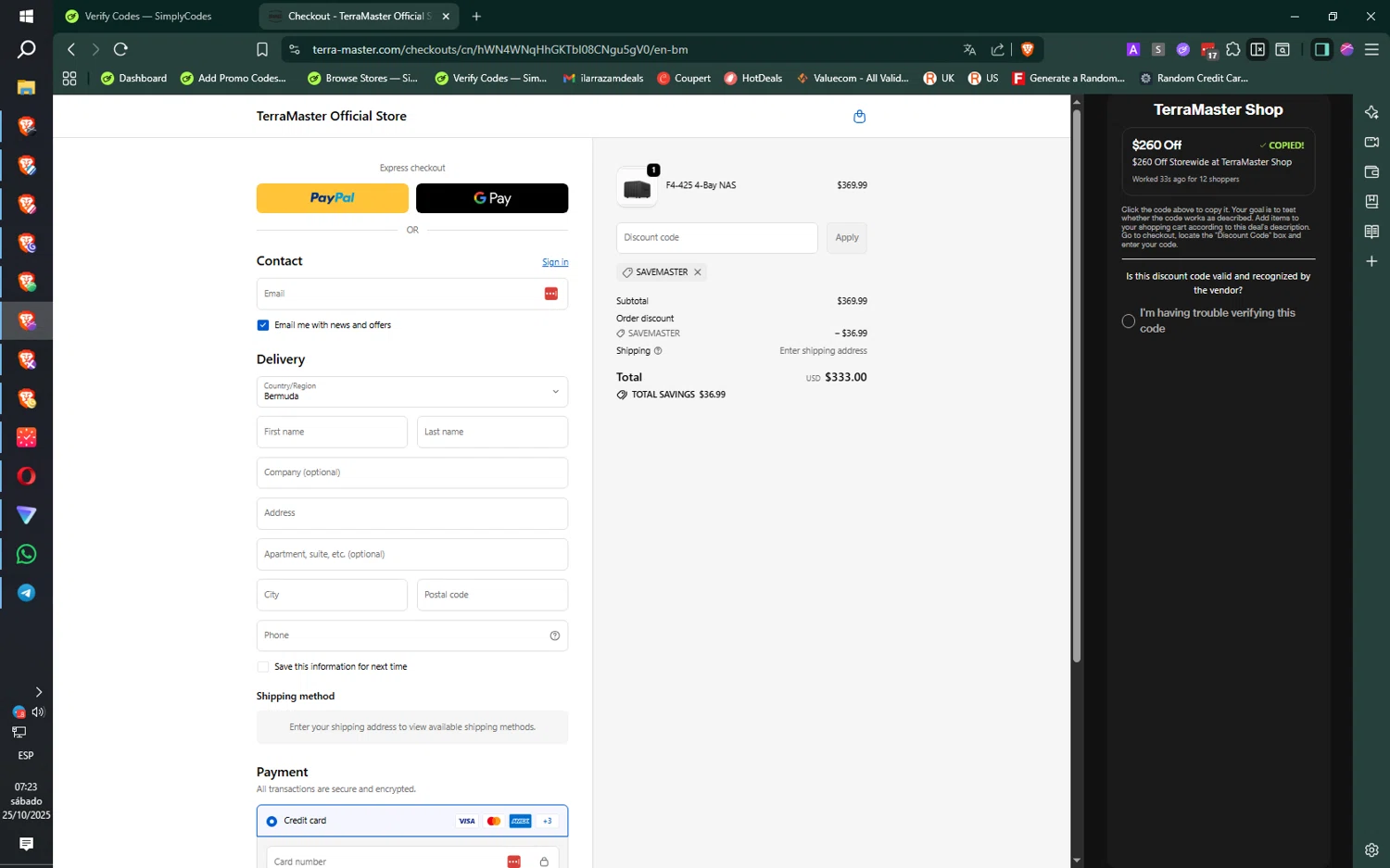 TerraMaster Shop promo code screenshot showing code SAVEmaster applied at TerraMaster Shop checkout page. Uploaded by SimplyCodes community member jMoya06 on Oct 25, 2025