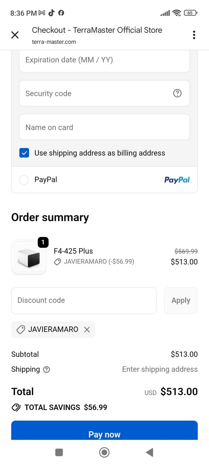 TerraMaster Shop promo code screenshot showing code Javieramaro applied at TerraMaster Shop checkout page. Uploaded by SimplyCodes community member geralddiaz on Dec 4, 2025