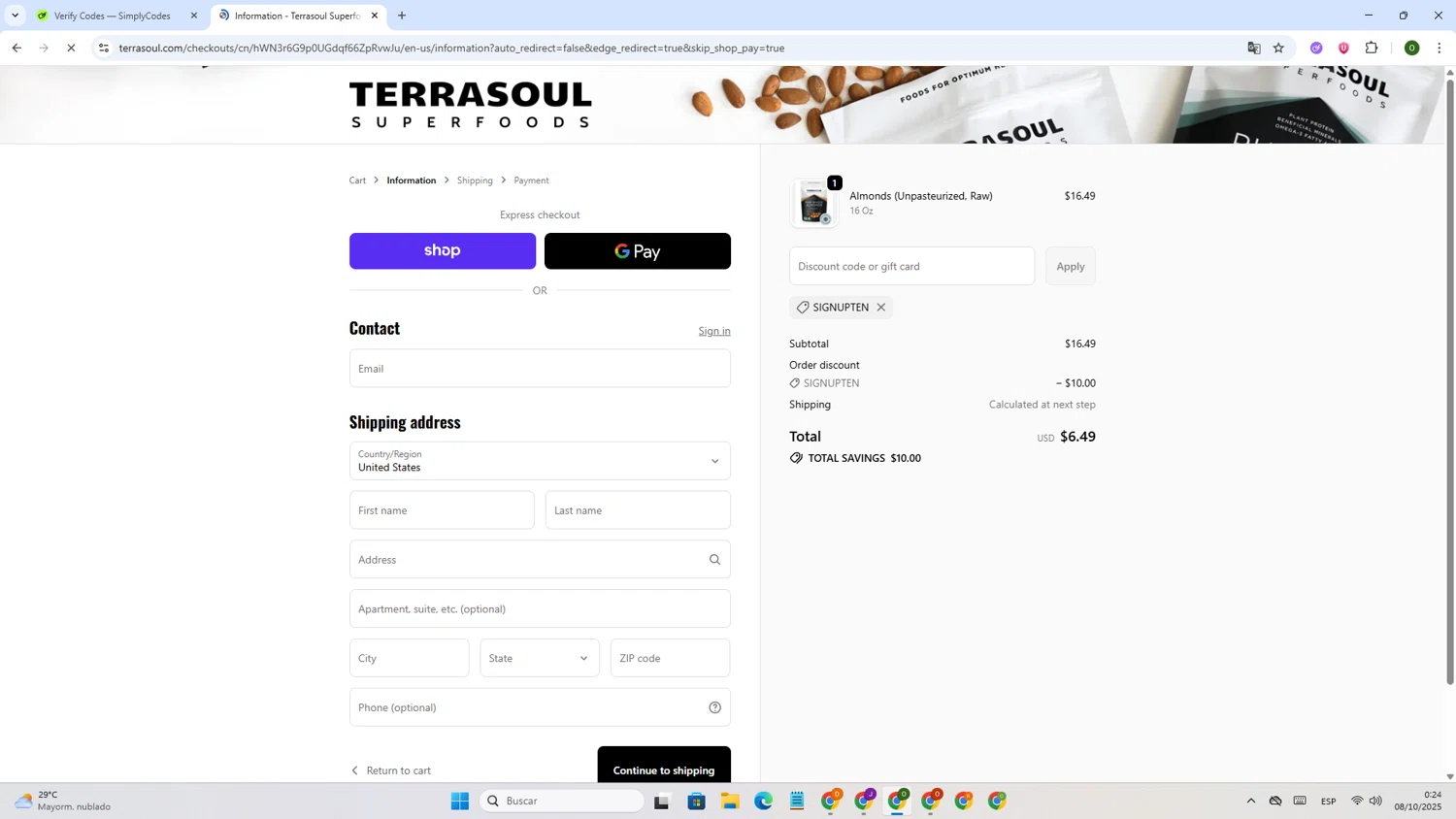 Terrasoul Superfoods promo code screenshot showing code SIGNUPTEN applied at Terrasoul Superfoods checkout page. Uploaded by SimplyCodes community member BargainGenius8125 on Oct 7, 2025