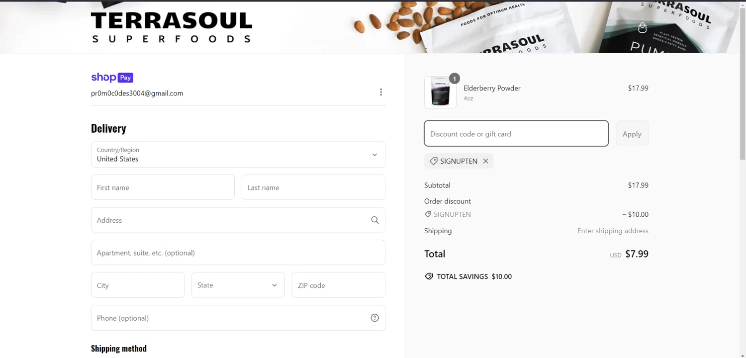 Terrasoul Superfoods promo code screenshot showing code SIGNUPTEN applied at Terrasoul Superfoods checkout page. Uploaded by SimplyCodes community member kaiser2 on Mar 7, 2025