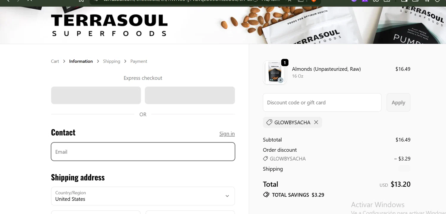 Terrasoul Superfoods promo code screenshot showing code GLOWBYSACHA applied at Terrasoul Superfoods checkout page. Uploaded by SimplyCodes community member SwiftLynx6587 on Dec 24, 2025