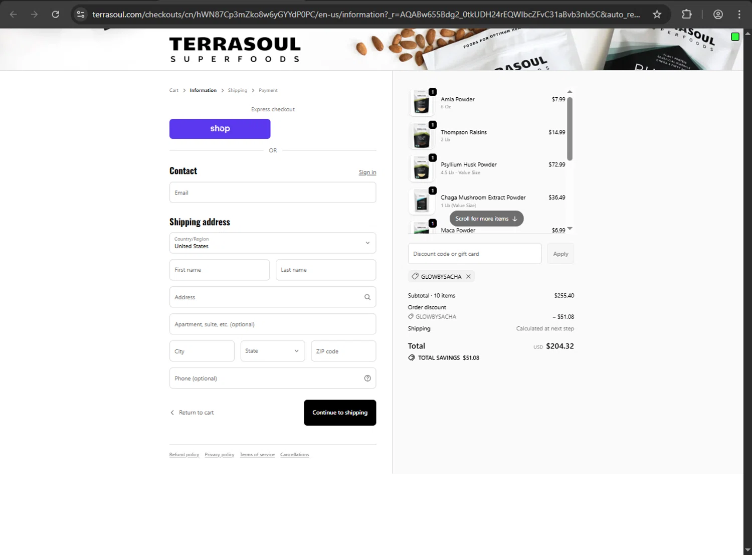Terrasoul Superfoods promo code screenshot showing code GLOWBYSACHA applied at Terrasoul Superfoods checkout page. Uploaded by SimplyCodes community member zzzzzzza on Jan 28, 2026