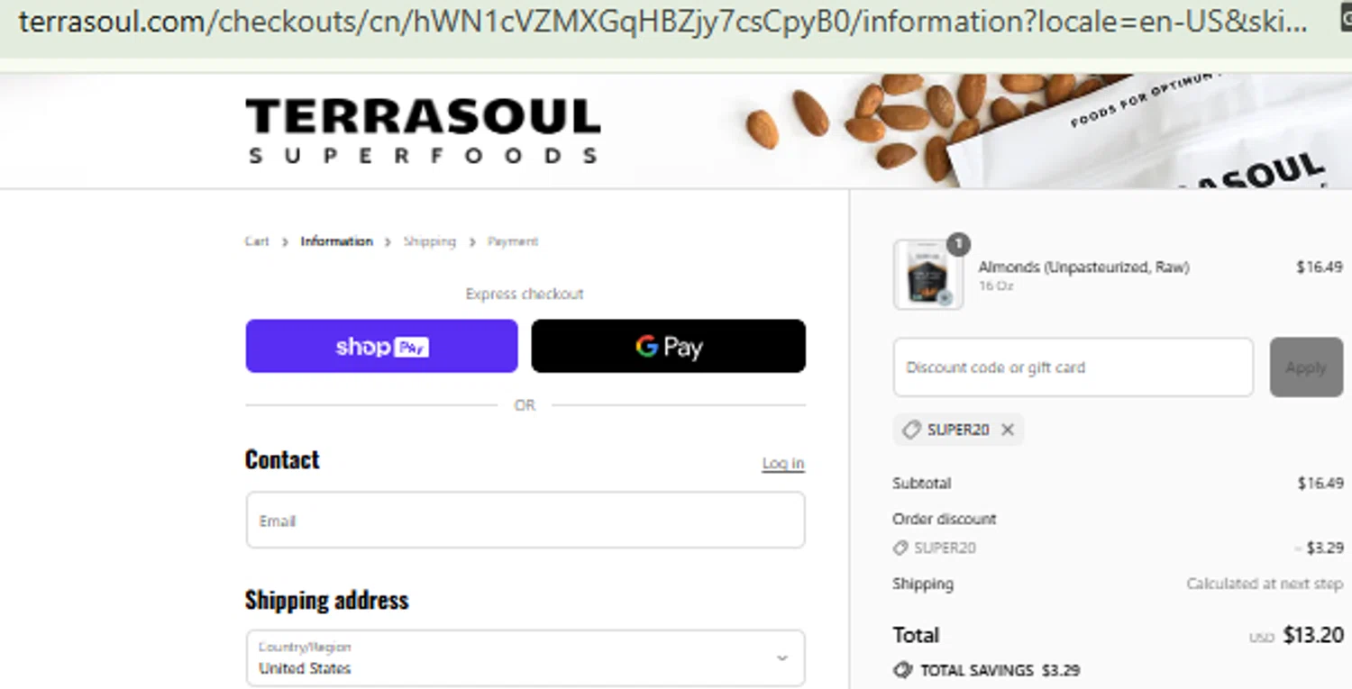 Terrasoul Superfoods promo code screenshot showing code SUPER20 applied at Terrasoul Superfoods checkout page. Uploaded by SimplyCodes community member CashMaestro9337 on Aug 10, 2025
