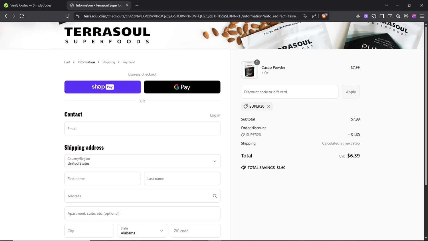 Terrasoul Superfoods promo code screenshot showing code SUPER20 applied at Terrasoul Superfoods checkout page. Uploaded by SimplyCodes community member Morrachida04 on Jun 22, 2025