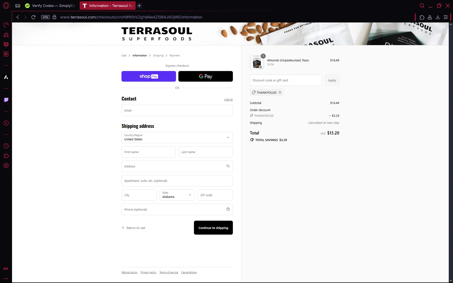 Terrasoul Superfoods promo code screenshot showing code THANKYOU20 applied at Terrasoul Superfoods checkout page. Uploaded by SimplyCodes community member frijolito on Aug 10, 2025
