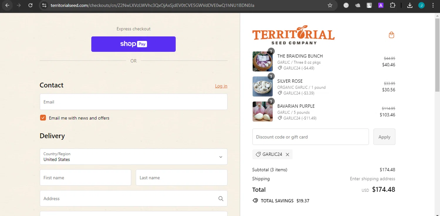 where to use Territorial Seed Company promo code box