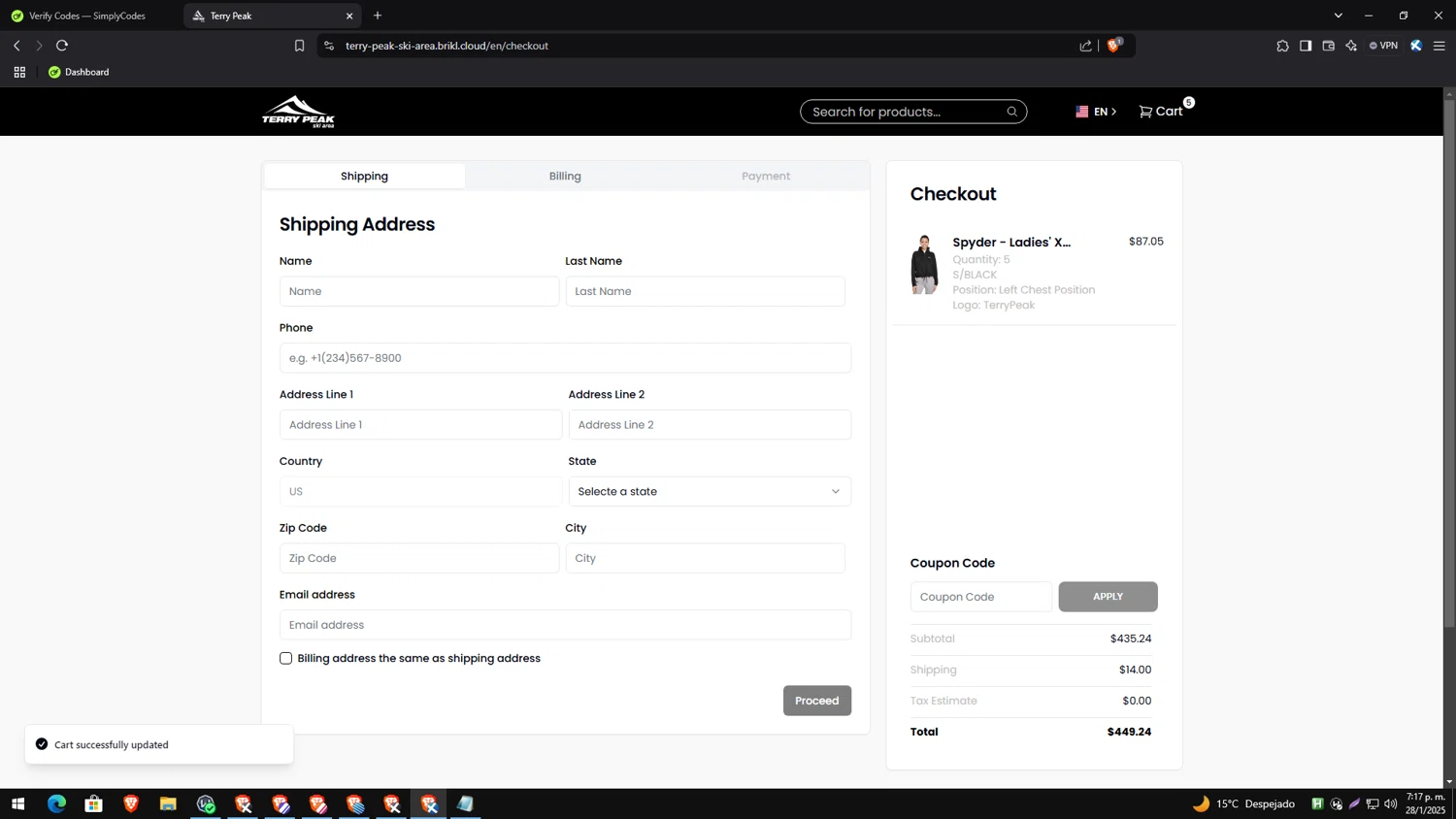 Terry Peak checkout page showing Terry Peak discount code box | Screenshot taken by SimplyCodes community member on Jan 28, 2025