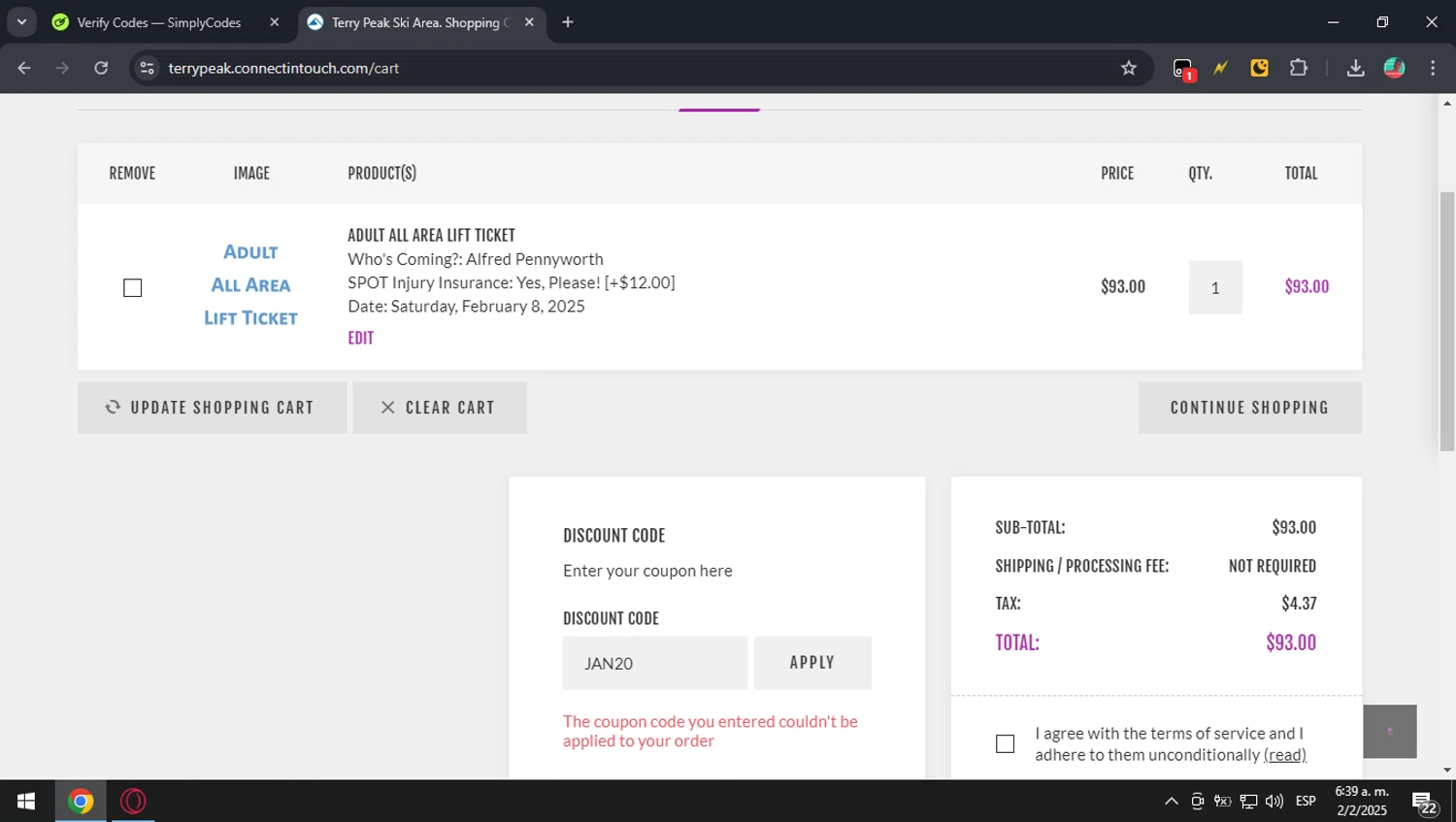 Terry Peak checkout page showing Terry Peak discount code box | Screenshot taken by SimplyCodes community member on Feb 2, 2025