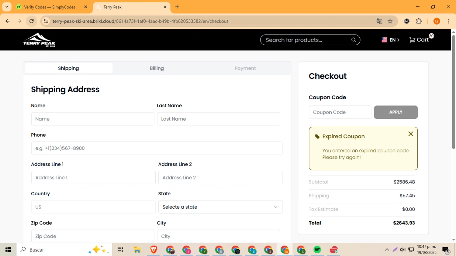 Terry Peak discount code screenshot showing code JAN20 applied at Terry Peak checkout page. Uploaded by SimplyCodes community member LegendaryFox4384 on Mar 20, 2025
