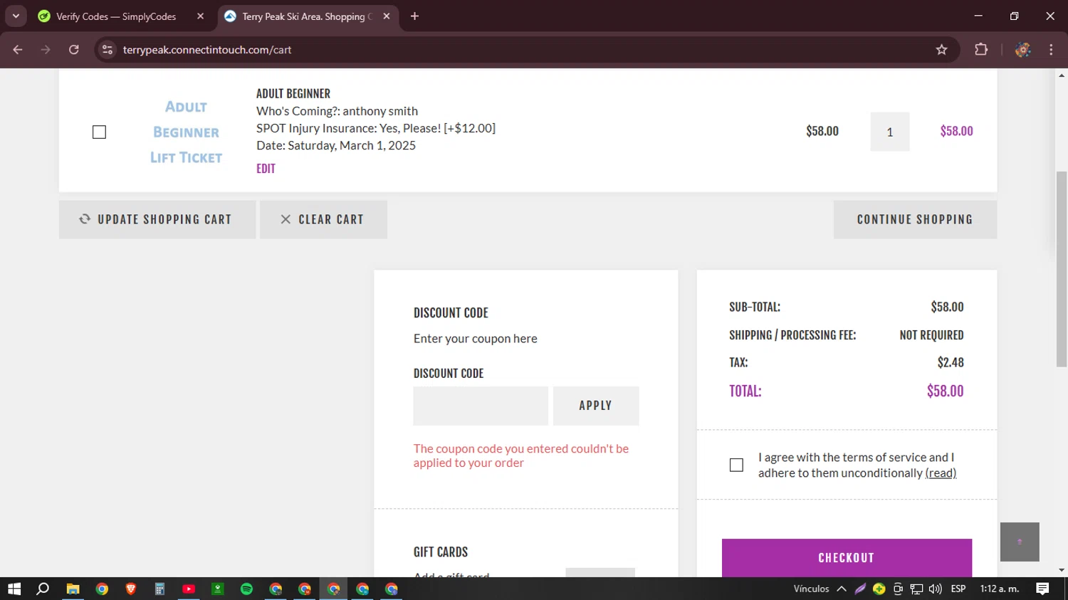 Terry Peak checkout page showing Terry Peak discount code box | Screenshot taken by SimplyCodes community member on Feb 24, 2025