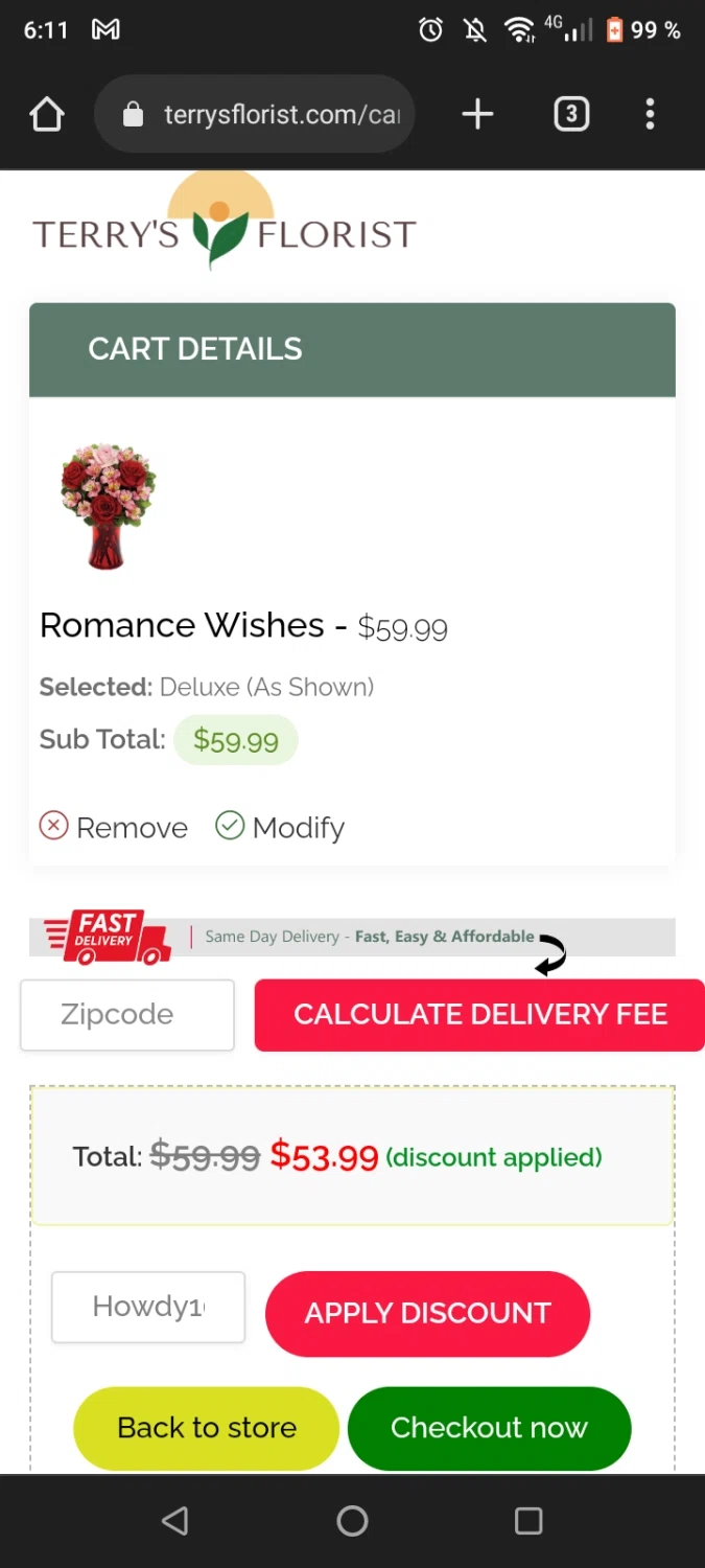 Terry's Florist checkout page showing Terry's Florist promo code box | Screenshot taken by SimplyCodes community member on Jan 21, 2023