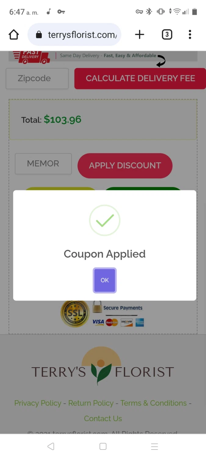 Terry's Florist checkout page showing Terry's Florist promo code box | Screenshot taken by SimplyCodes community member on Aug 13, 2023