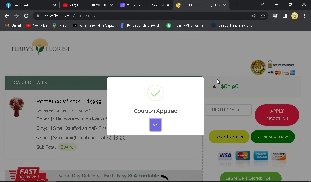 Terry's Florist checkout page showing Terry's Florist promo code box | Screenshot taken by SimplyCodes community member on Mar 19, 2023