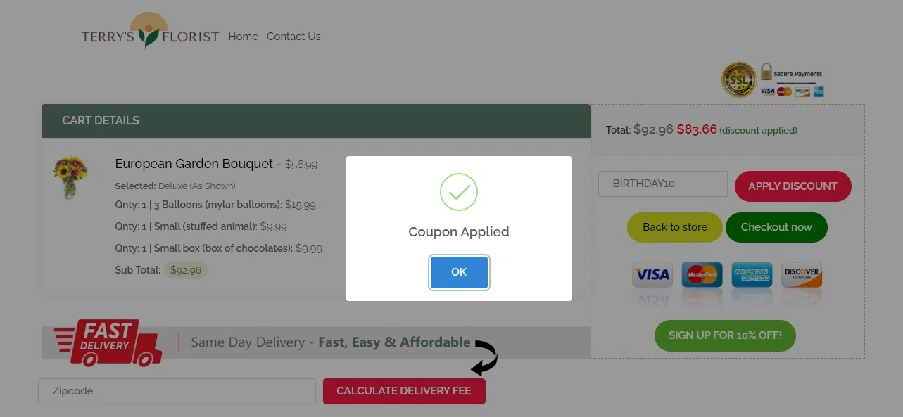 Terry's Florist checkout page showing Terry's Florist promo code box | Screenshot taken by SimplyCodes community member on Jan 20, 2023