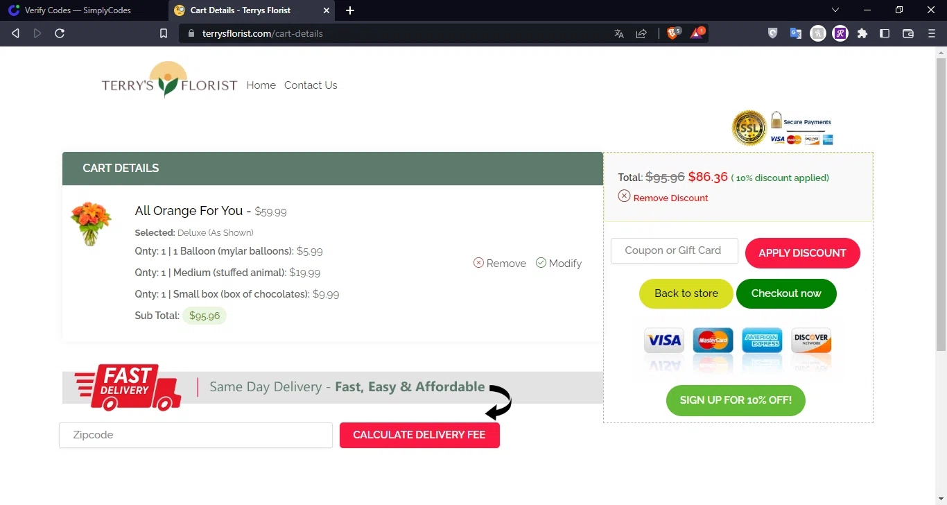 Terry's Florist checkout page showing Terry's Florist promo code box | Screenshot taken by SimplyCodes community member on Feb 18, 2023