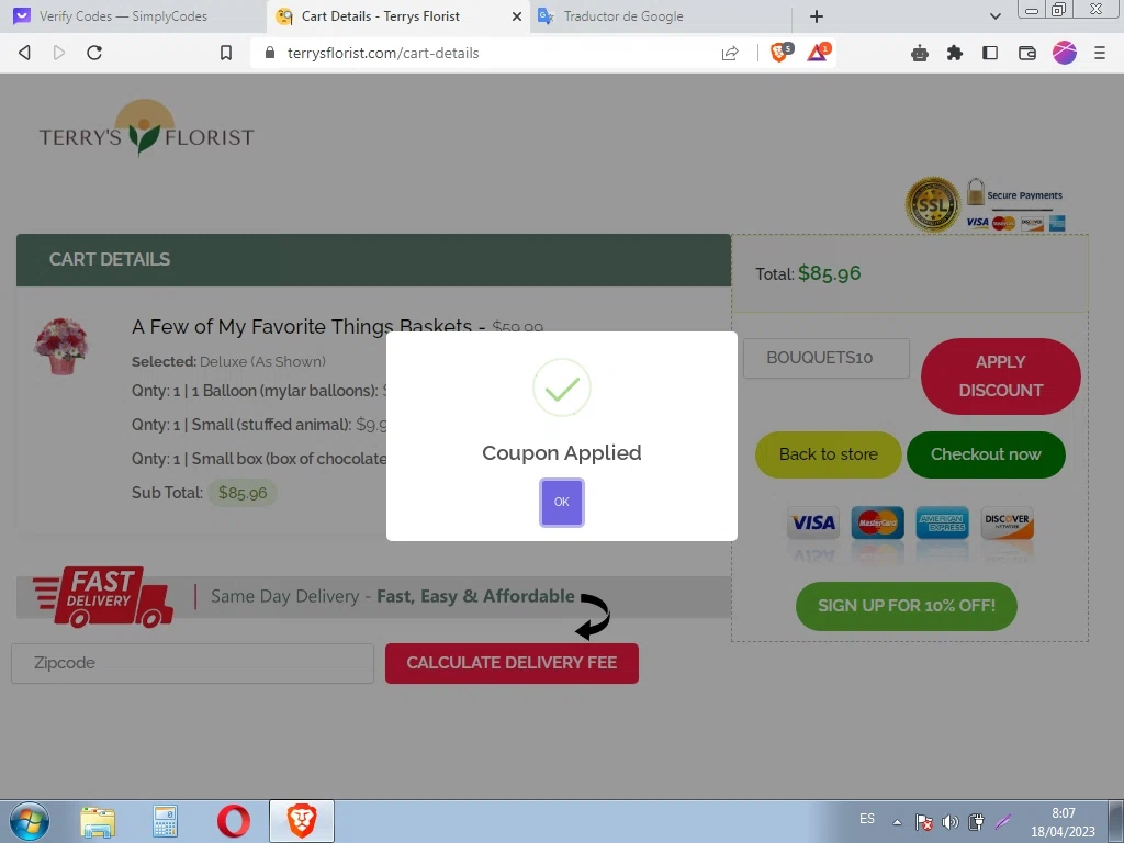 Terry's Florist checkout page showing Terry's Florist promo code box | Screenshot taken by SimplyCodes community member on Apr 18, 2023