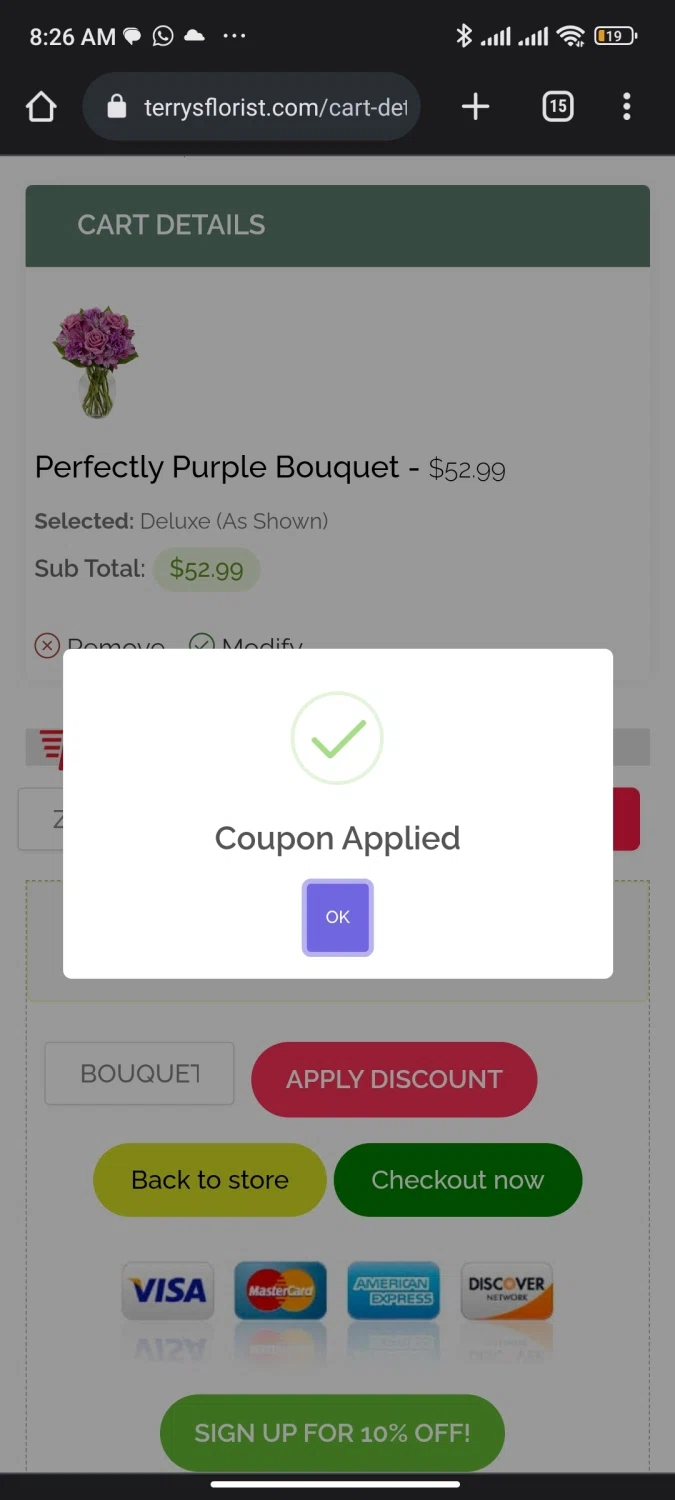 Terry's Florist checkout page showing Terry's Florist promo code box | Screenshot taken by SimplyCodes community member on May 17, 2023